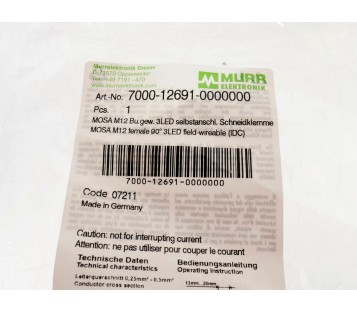 MURR 7000-12691-0000000 M12 FEMALE ANGLE LED PLUG 4PIN ! NEW !
