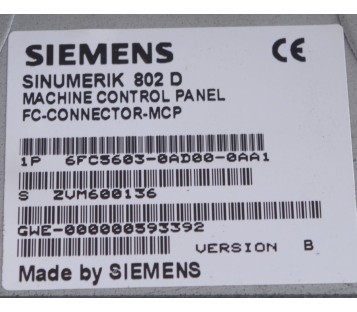 SIEMENS SINUMERIK 802 D MACHINE CONTROL PANEL 6FC5603-0AD00-0AA1 6FC56030AD000AA