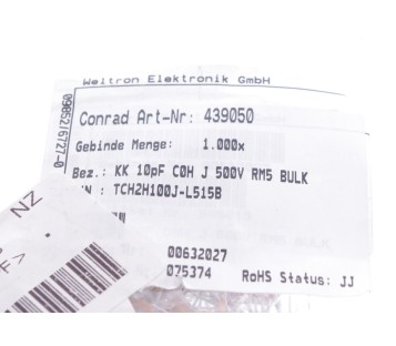 WELTRON ELEKTRONIK CERAMIC DISC CAPACITOR 439050 TCH2H100J-L515B 10pF 500V ! NEW