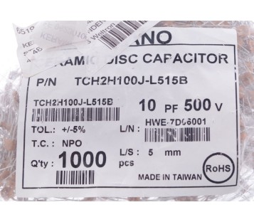 WELTRON ELEKTRONIK CERAMIC DISC CAPACITOR 439050 TCH2H100J-L515B 10pF 500V ! NEW