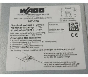 WAGO 787-876 787876 BATTERY MODULE AGM 1,2Ah 