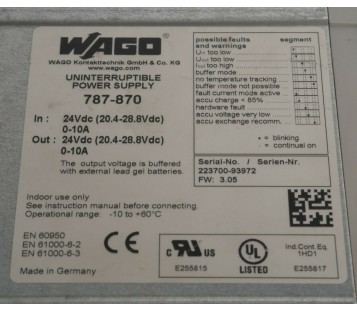 WAGO 787-870 787870 UNINTERRUPTIBLE POWER SUPPLY 