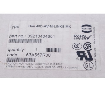 HARTING HAN HAN-D40M  HAN 40D-AV-M-LINKS-MK 09210404601 ! new !