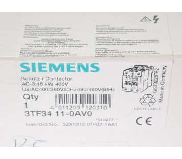 SIEMENS 3TF3411-0A V0 3TFF34110A V0 CONTACTOR 15kW 400V ! NEW !