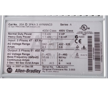 ALLEN BRADLEY 20AD3P4A3AYNNNC0 SERIES A 