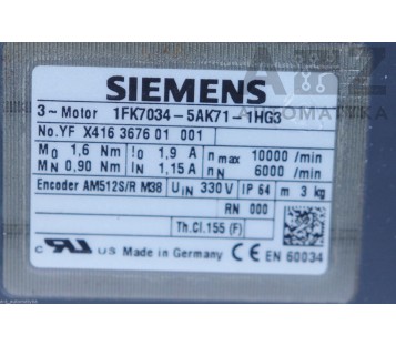 SIEMENS SERVOMOTOR 1FK7034-5AK71-1HG3  ( 1FK70345AK711HG3 )