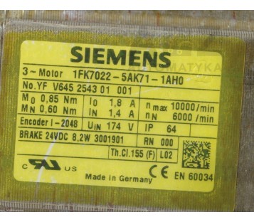 SIEMENS 1FK7022-5AK71-1AH0  1FK70225AK711AH0 