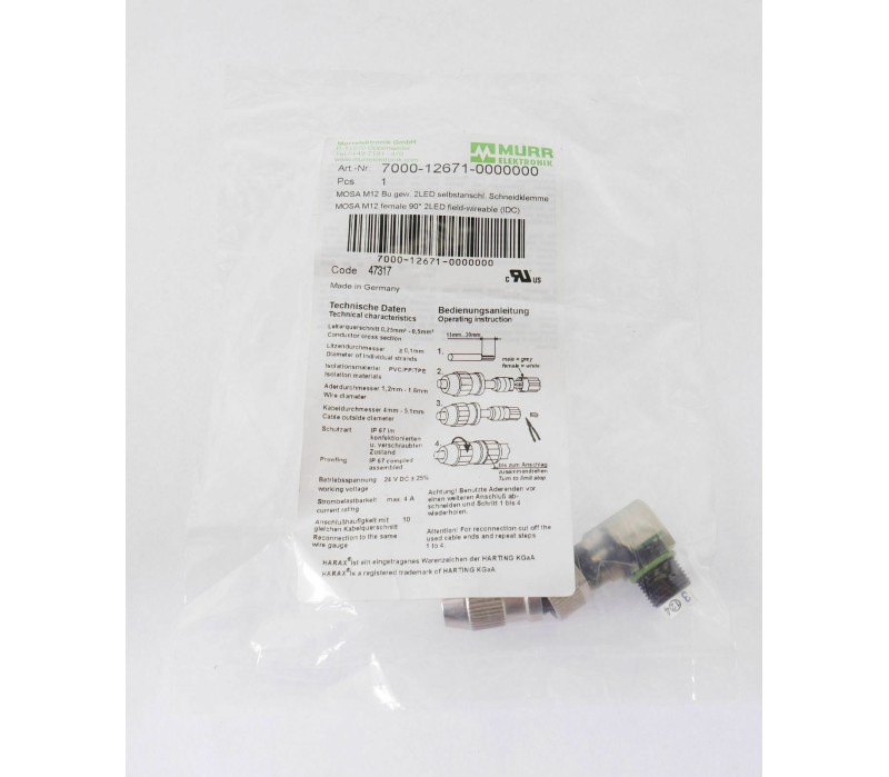 MURR 7000-12671-0000000 M12 FEMALE ANGLE 90° 2LED PLUG 7000126710000000 ! NEW !