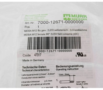 MURR 7000-12671-0000000 M12 FEMALE ANGLE 90° 2LED PLUG 7000126710000000 ! NEW !