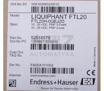 ENDRESS + HAUSER LIQUIPHANT FTL20 FTL20H-0GEJ2D FTL20H0GEJ2D 52018579 ! NEW !