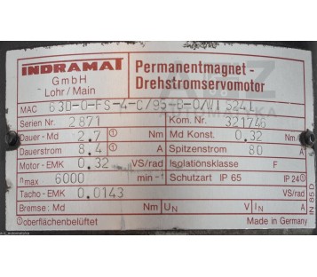INDRAMAT 63D-0-FS-4-C/95-B-0/WI 524 L 63D0FS4C95B0WI524L