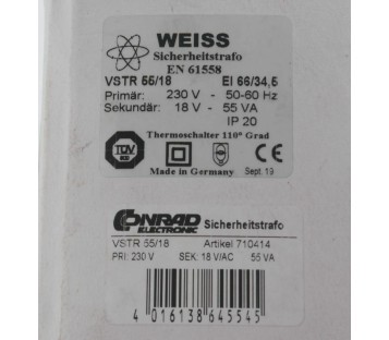 WEISS VSTR 55/18 VSTR5518 TRANSFORMER 18V AC 55W 3A ! NEW ! 