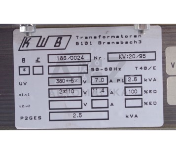 KWB 186/0024 1860024 KW : 20/95 380VAC 7A / 2X110VAC 11,4A 