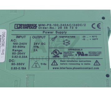 PHOENIX CONTACT MINI-PS-100-240AC/24DC/2  MINIPS100240AC24DC2  2938730