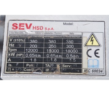 SEV HSD MILLING SPINDLE 18000rpm 380V 300Hz 0,7KW