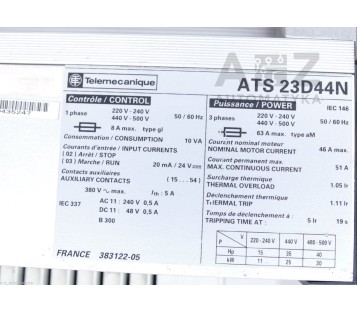 TELEMECANIQUE ALTISTART 3 SOFT STARTER ATS 23D44N ATS23D44N ATS-23D44N 30kW 46A