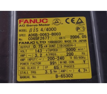 FANUC AC SERVO MOTOR BIS 4/4000 A06B-0063-B003  A06B0063B003 