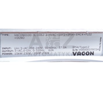 VACON  VACON0100-3L-0062-2-HVAC+SBF2-IP54+EMC4+FL02+DLNO 15kW 230V 20HP 