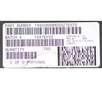 KEMET Tantalum Capacitors 68uF 20V 20% 686B 2917 SMD 68µF 7343 ! 750PCS ! NEW !