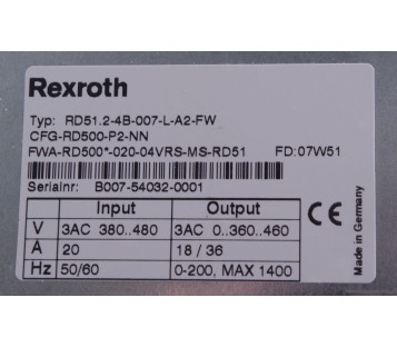 REXROTH REFU RD500 RD51.2-4B-007-L-A2-FW  RD5124B007LA2FW  CFG-RD500-P2-NN